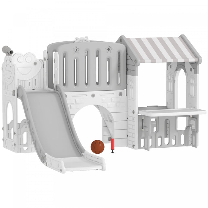Qaba 7-in-1 Toddler Slide with Playhouse, Kids Slide Climber Playset with Basketball Hoop and Tunnel for Age 1-4 Years Indoor Play, Grey