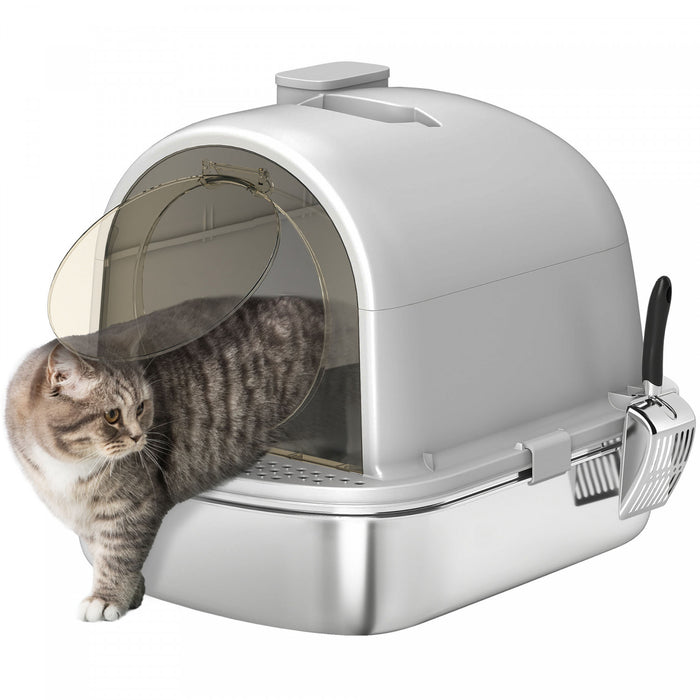 PawHut Stainless Steel Litter Box with Lid, Enclosed Cat Litter Box with Scoop, Deodorizer Bag, Handle, Odour Control, Non-Sticky and Easy to Clean, Grey