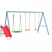Outsunny 4 in 1 Metal Swing Set with Saucer Swing, Slide and Swing Seats, Kids Swing Set for Backyard, Outdoor, Playground, Dark Blue