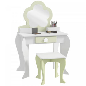 Qaba Kids Vanity Set With Mirror And Stool, Makeup Vanity Table For Children 3-6 Years Old, With Drawer Storage Boxes, Flower-design