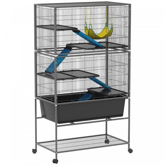 PawHut 59\"H 5-Level Ferret Chinchilla Rabbit Guinea Pig Cage, Metal Small Animal Critter Nation Cage with Slide Out 6.3L Deep Tray, Non-Slip Ramps, Hammock, for Pet Mink, Squirrel