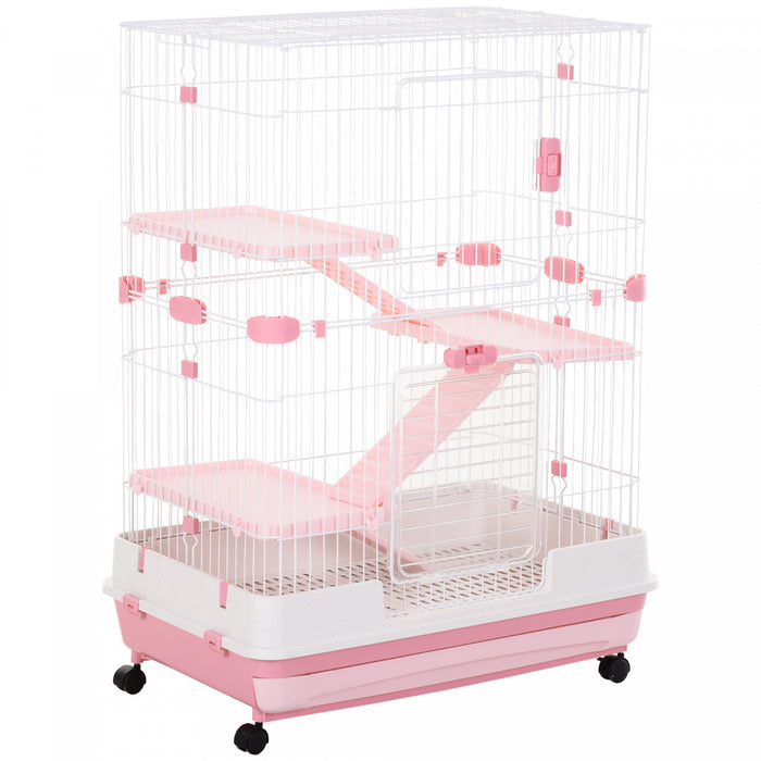 Pawhut 45\"h 4-level Small Animal Cage Rabbit Hutch With Universal Lockable Wheels, Slide-out Tray For Bunny, Chinchillas, Ferret, Pink