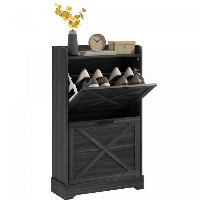 HOMCOM Farmhouse Slim Shoe Cabinet with 2 Flip Drawers Adjustable Shelves