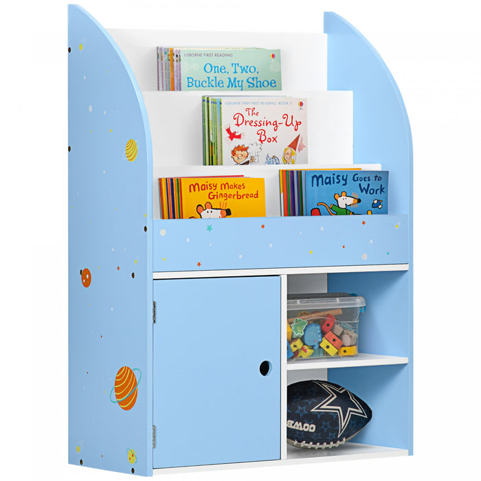 Qaba Kids Bookshelf, Toy Storage Organizer With Cabinet, Freestanding Children Bookcase With Love Heart & Ice-cream Patterns, Display Shelf For Toys Clothes Books, Blue
