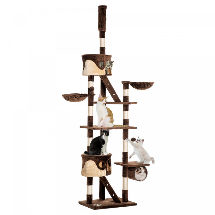 Pawhut 94\"-102\" Huge Cat Tree Ceiling High Cat Condo Scratching Post Activity Center Multi-level Play House Brown
