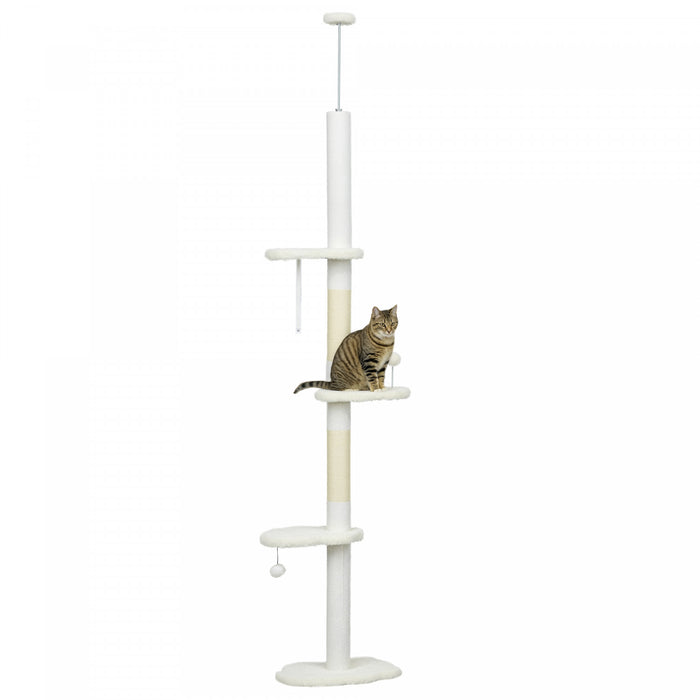 Pawhut Floor To Ceiling Cat Tree With Scratching Posts, 88.5\"-100.5\" Adjustable Height Cat Tower With Cloud Shaped Platforms, Dangling Balls, White