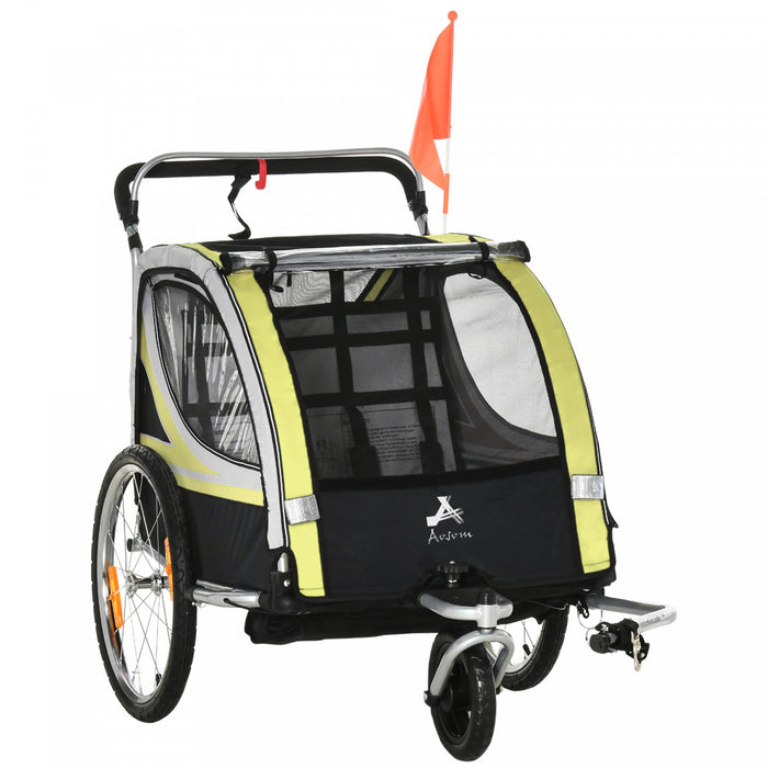 Aosom 2-in-1 Bike Trailer For Kids 2 Seater, Baby Stroller With Brake, Storage Bag, Safety Flag, Reflectors & 5 Point Harness, Yellow