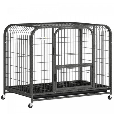 PawHut 37 Inch Heavy Duty Dog Crate, Large Metal Dog Cage with Lockable Wheels and Removable Tray for Small Medium Breeds, Puppy Playpen for Indoor Outdoor, Black