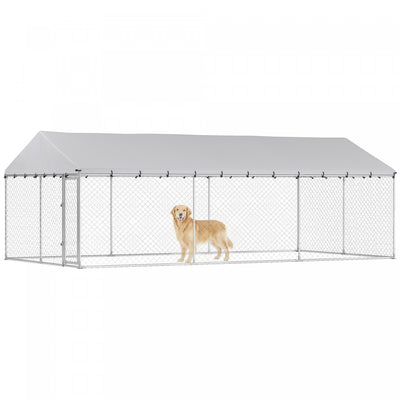 PawHut Large Dog Kennel with Roof and Safety Lockable Latches, Heavy-Duty Galvanized Steel Dog Run Chain Link w/ Waterproof UV-Resistant Cover, 19.7' x 9.8' x 7.1'
