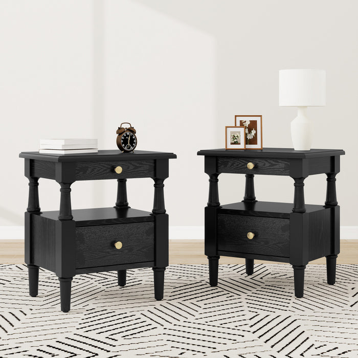 Aspen Nightstand Set of 2 with Drawers and Open Shelves, Black