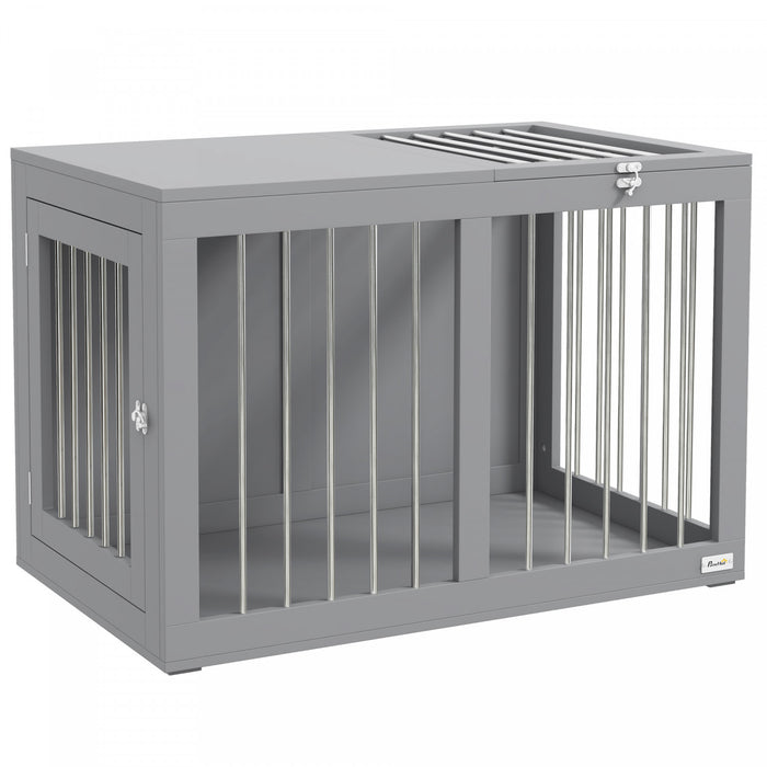 Pawhut Dog Crate Furniture, 31.5\" Dog Kennel Furniture Side End Table With Double Doors, For Medium Dogs, Grey