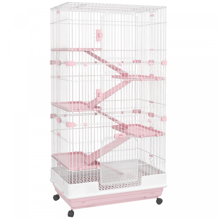 Pawhut 63\"h 6-level Small Animal Cage Rabbit Hutch With Universal Lockable Wheels, Slide-out Tray For Bunny, Chinchillas, Ferret, Pink