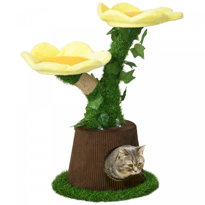 Pawhut 18\" Plush Cat Tree With Two Flower Platforms, Multi-activity Centre Cat Tower With Jute Scratching Posts, Elevated Perches, Round Roomy Condo With Door, Green