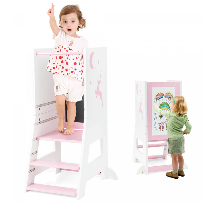 Costway Toddler Kitchen Stool Helper Baby Standing Tower With Chalkboard & Whiteboard Pink