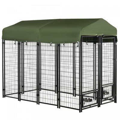 Pawhut Outdoor Dog Kennel, Lockable Pet Playpen Crate, Welded Wire Steel Fence, With Water-, Uv-resi|Pawhut Niche D'exterieur Pour Chien De 8' X 4' X 6' Avec Supports De Gamelle Rotatifs, Parc Pour Ani