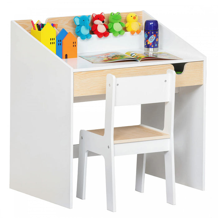 Qaba Kids Desk and Chair Set, 2 Pieces Children Study Table and Chair with Storage Pull-Out Drawer Bookshelf for 6-10 Years, Writing, Reading, Drawing, White and Natural