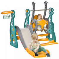 Qaba 4-in-1 Kids Swing And Slide Set With Basketball Hoop And Adjustable Seat Height, Toddler Play C