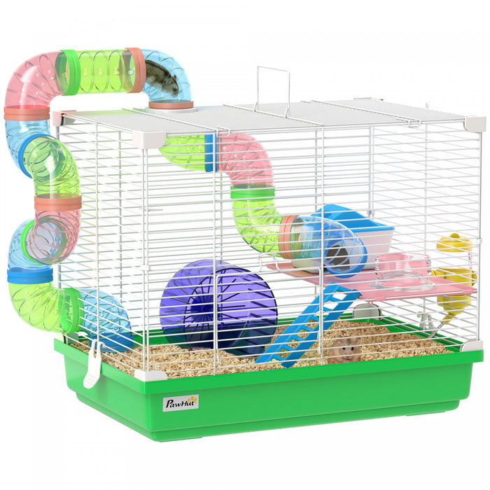PawHut 18\"L Hamster Cage, Small Animal House, 2-Level Rat Gerbil Haven with Tunnel Tube System, Exercise Wheel, Water Bottle, Food Dish, Ramp, Green