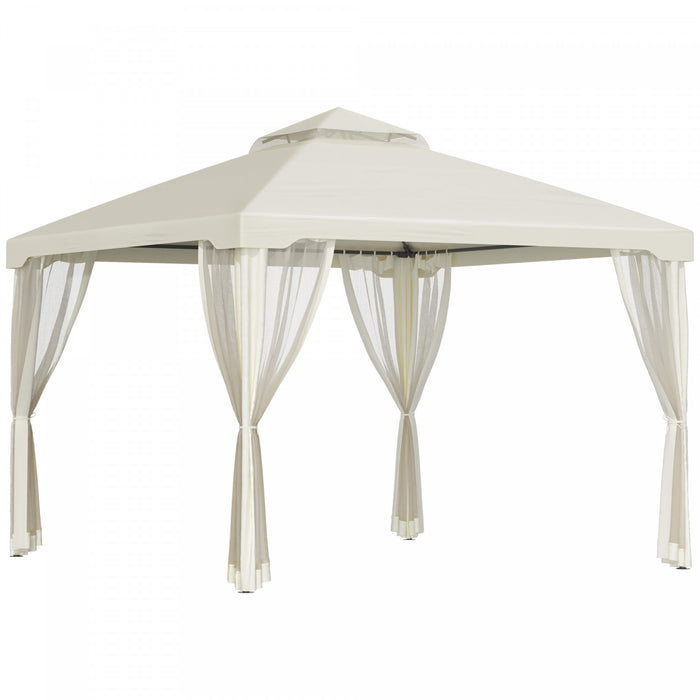 Outsunny 10' X 10' Patio Gazebo Outdoor Pavilion 2 Tire Roof Canopy Shelter Garden Event Party Tent Yard Sun Shade Steel Frame W/ Mosquito Netting Cream White