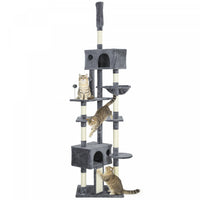 PawHut Floor to Ceiling Cat Tree, 230-250cm Adjustable Tall Cat Climbing Tower with 2 Condos, Hammock and Sisal Scratching Posts, for Indoor, Multi-Level Activity Centre, Dark Grey