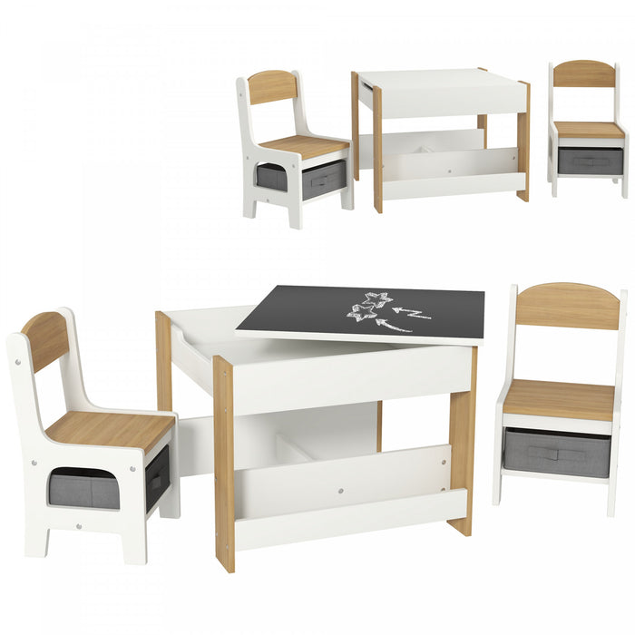 Qaba 3 Piece Kids Table And Chair Set, 2 In 1 Toddler Table And Chair Set With Reversible Tabletop, Blackboard, Storage, Bookshelves, For Playroom, Nursery, Classroom, Nature Wood