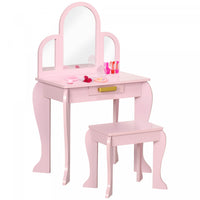 Qaba Kids Dressing Table And Chair Set, Girls Dressing Set, Makeup Desk With Drawer For 3-6 Years Ol