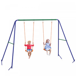 Outsunny Kids Swing Set For Backyard Outdoor Metal Swing Frame With Double Swing Seats, Ground Stakes For 1-2 Children Aged 3-8 Years Old