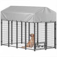 PawHut Outdoor Dog Kennel, Run, Large Wire Steel Fence, Lockable Pet Playpen Enclosure, with Water-, UV-Resistant Canopy Top, Door, Rotating Bowl Holders, 8ft x 4ft x 6ft, Silver