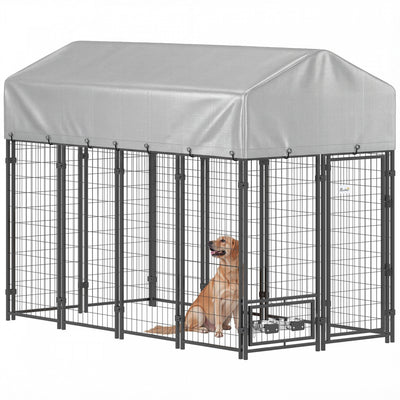 PawHut Outdoor Dog Kennel, Run, Large Wire Steel Fence, Lockable Pet Playpen Enclosure, with Water-, UV-Resistant Canopy Top, Door, Rotating Bowl Holders, 8ft x 4ft x 6ft, Silver