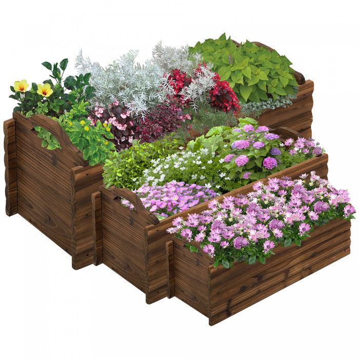 Outsunny 3 Pieces Raised Garden Bed, Wooden Planter Box, Rectangular Garden Flower Bed With Handles