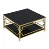 Gleam 33.5 Inch Square Tempered Glass Coffee Table with Geometric Gold Frame and Lower Shelf, Black