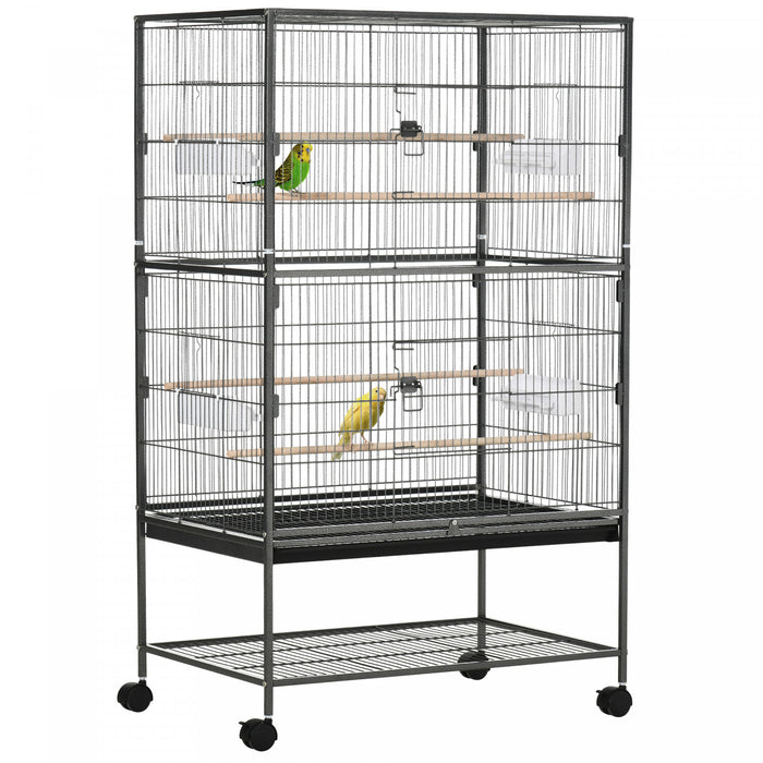 Pawhut 52\" Large Rolling Steel Bird Cage Bird House With Rolling Stand, Storage Shelf, Wood Perch, Food Container, Dark Grey
