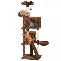 PawHut Cat Tree, 63 Inch Multi-Level Large Cat Tower with Sisal Scratching Posts, Condos, Plush Perches, Hammock, Ladder, Dangling Balls, for Indoor Kittens, Leopard Print