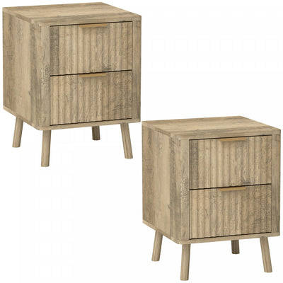 HOMCOM Nightstands Set of 2, Bedside Tables with Fluted Drawers, Oak