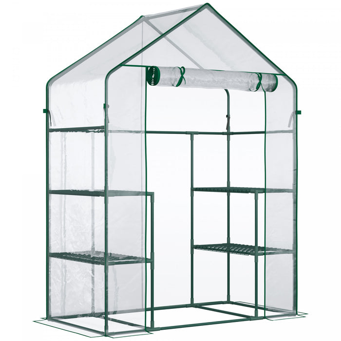 Outsunny 3-tier Mini Greenhouse, Walk-in Greenhouse, Garden Hot House With 4 Shelves, Roll-up Door And Weatherized Cover, 56\" X 29\" X 77\", Clear