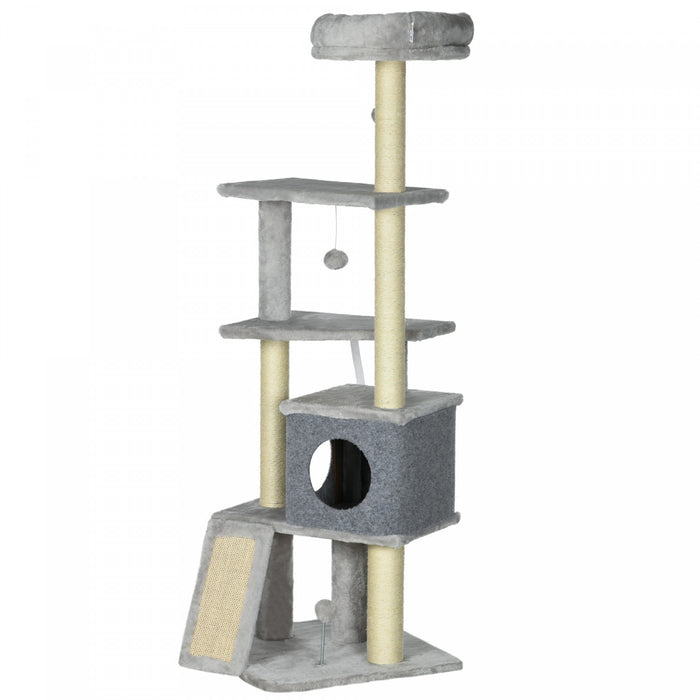 Pawhut 57.5\" Cat Tree With Scratching Posts, Cat Tower With Cat Condo, Bed, Perches, Toys, Ramp, Cat Tree For Large Cats Adult Indoor, Grey