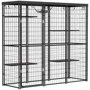 Pawhut Catio Outdoor Cat Enclosure, Weld Wire Outdoor Cat House With Waterproof Cover, 4 Jumping Platforms, Hammock, Cat Cage Indoor For 1-3 Kittens, 69