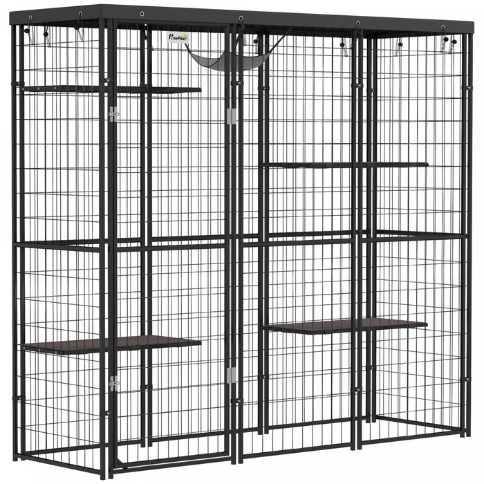 Pawhut Catio Outdoor Cat Enclosure, Weld Wire Outdoor Cat House With Waterproof Cover, 4 Jumping Platforms, Hammock, Cat Cage Indoor For 1-3 Kittens, 69\" X 22\" X 62\", Black