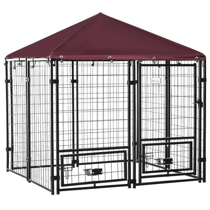 Pawhut Outdoor Dog Kennel, Welded Wire Steel Fence, Lockable Pet Playpen Crate, With Water-, Uv-resistant Canopy Top, Door, Rotating Bowl Holders, 4.6ft X 4.6ft X 5ft