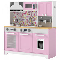 Qaba Play Kitchen for Toddlers, Kids Kitchen Playset with Stove, Sink, Coffee Maker, Ice Maker, Realistic Accessories, Storage, Pretend Play Gift for Boys Girls 3-8 Years, Pink
