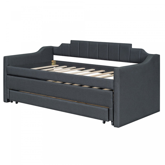 Hogan Linen-look Fabric Upholstered Daybed With Trundle And Storage Drawers, Twin Size, Grey