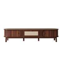 Rustic 67 Inch TV Cabinet with Rattan Sliding Doors and Drawers, Wood 