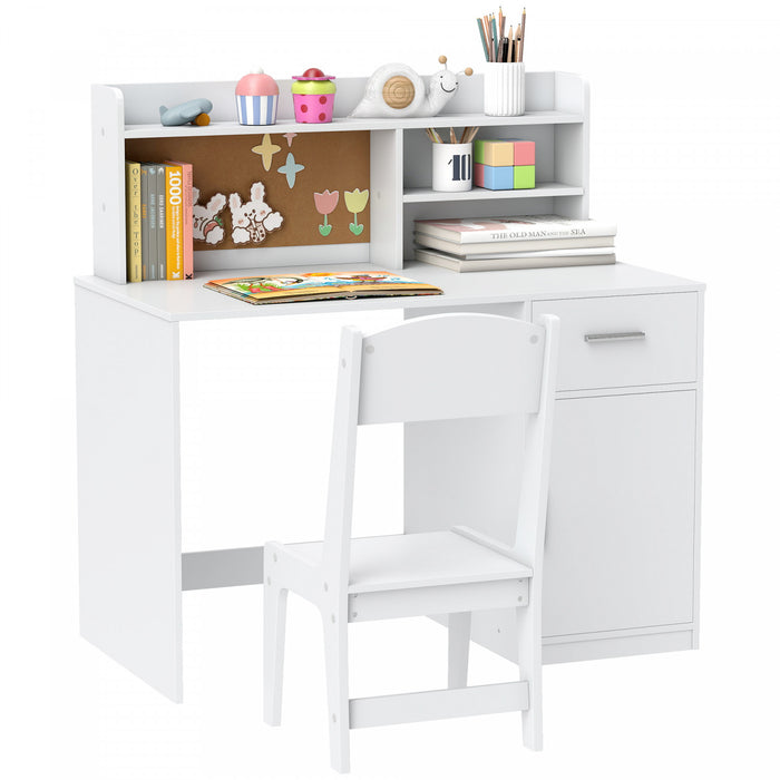 Qaba Kids Desk and Chair Set, Kids Study Table and Chair Set with Storage Hutch, Drawer, Cabinet, Compartments, Cork Board, Student Writing Desk for Bedroom, School, Study Room
