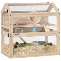 PawHut Wooden Hamster Cage, 3-Tier Gerbil Cage with Openable Top, Wheel, Seesaw, Hut, Ramps, Water Bottle, Transparent Panels for Dwarf Hamsters and Gerbils, 30.1
