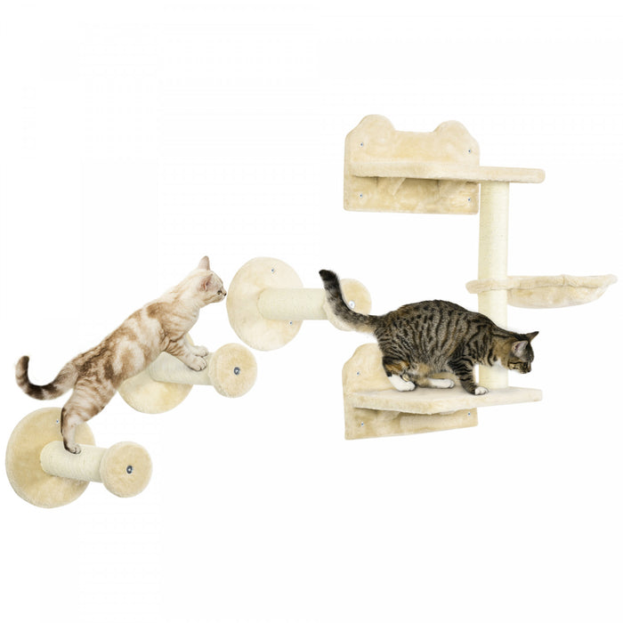 Pawhut 4pcs Cat Wall Shelf With Scratching Posts, Hammock, Setps, Platforms, Cat Shelves For Relaxing, Sleeping, Jumping, Cat Wall Climber For Indoor Cats, Beige
