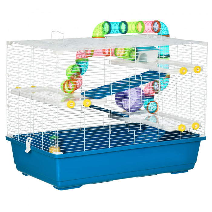 Pawhut 31\" Large Hamster Cage, Small Animal House, Multi-storey Gerbil Haven, Tunnel Tube System, With Water Bottle, Exercise Wheel, Food Dish, Ramps, Blue