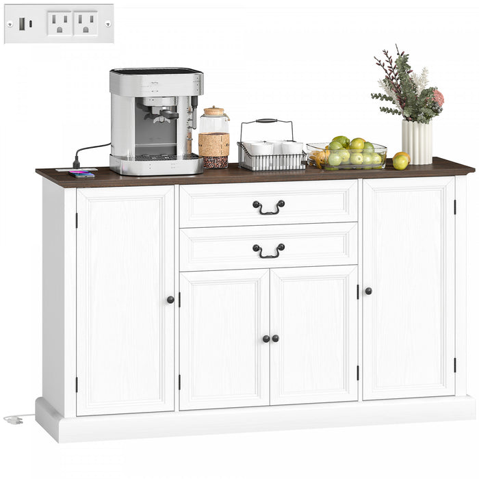 HOMCOM 58\" Farmhouse Sideboard Buffet Cabinet with Charging Station White