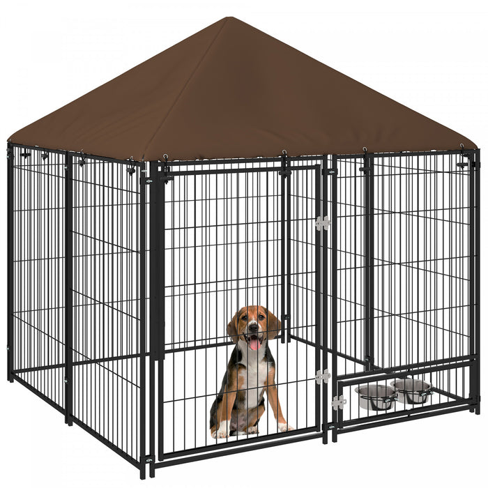 Pawhut Dog Run, 4.6' X 4.6' X 5' Outdoor Dog Kennel With Canopy, Rotating Bowls, Door For Backyard & Garden, Coffee