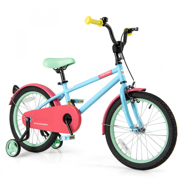 Costway 18\" Kids Bike With Adjustable Saddle Handlebar Removable Training Wheels Handbrake Red