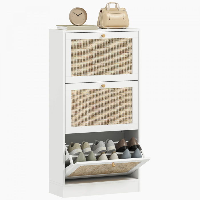 HOMCOM Rattan Shoe Storage Cabinet Organizer with 3 Flip Drawers